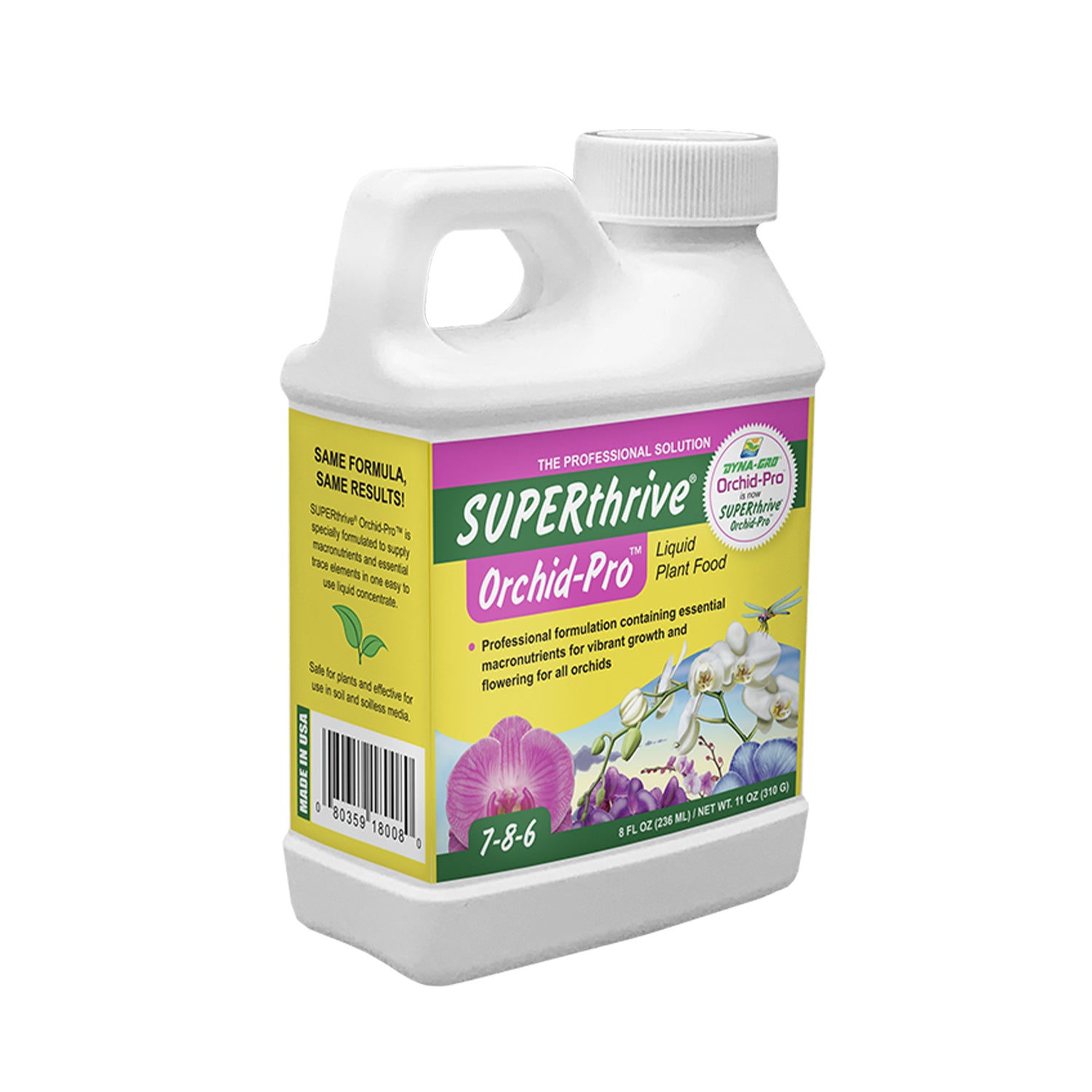 A bottle of SUPERthrive Orchid-Pro 7-8-6 Plant Food, with labeling showing an orchid and nutritional information.